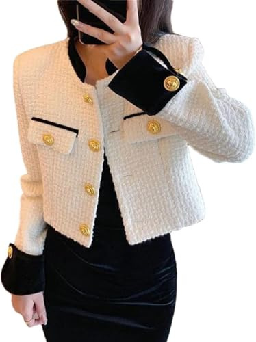 Veste en Tweed à col Montant Mince pour Femme épissé Veste Courte de Couleur Unie à Simple Boutonnage Veste d'automne décontractée boutonnée en Tweed (Blanc,XL)