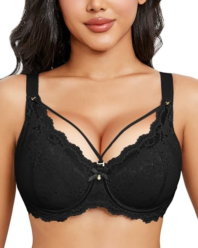 Svmer Women Sexy Lace Bras Plus Size Push Up Ladies Full Cup Comfort Bra All Black 38DD
