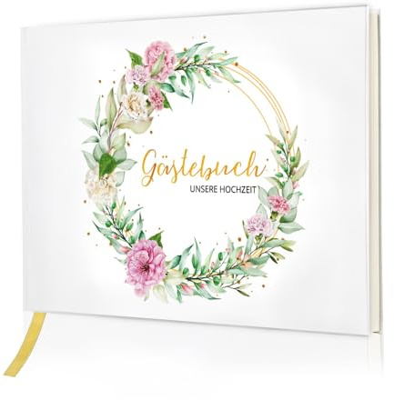 Gästebuch Hochzeit, 60 Seiten groß personalisierbar, Hochzeitsgästebuch mit dickem Papier und Kranz-Design,Geschenk für Hochzeiten Jubiläen(weiß)
