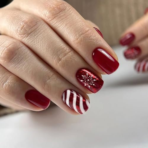 Ceboic 24 Stück Weihnachten Press on Nails Kurz, Französische Rot Einfarbig Nägel Zum Aufkleben, Weiß Schneeflocken Künstliche Nägel mit Streifen, Quadratische Acryl Falsche Nägel für Frauen & Mädchen