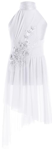 inlzdz Kids Girls Sleeveless Rhinestones Flower Applique Lyrical Ballet Leotard Dress Contemporary Latin Dance Costume Ivory 9-10 Years