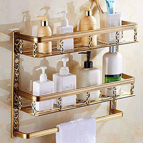 KXQYIKYI Étagère de Douche sans perçage, avec Barre à Serviettes, Panier de Douche adhésif, Espace Mural en Aluminium pour Cuisine, Salle de Bain, 2 étages 42 cm