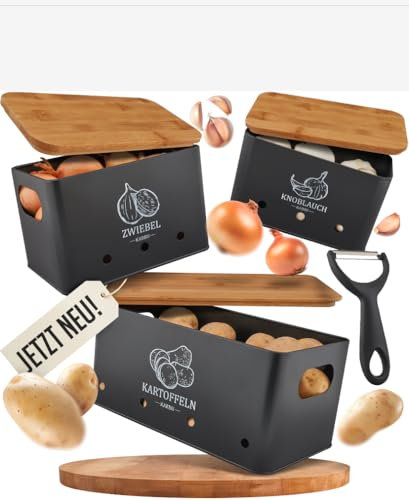 KARBU Aufbewahrung für Kartoffeln, Zwiebeln, Knoblauch – Gemüsebox-Set [Bambusdeckel] Küche & Speisekammer Behälter zum Aufbewahren | Küchen-Gadgets modern & schwarz | Organisation & Deko