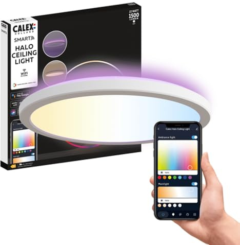 CALEX - Smart LED Ceiling Light 40CM, WiFi Halo Ceiling Lamp, CCT Tunable White 2700-6500K + RGB, IP54, App and Works with Amazon Alexa and Google Home, Dimmable, 22W | Tune the white light from warm to cool or add an RGB halo glow, featuring voice control via Alexa or Google Home