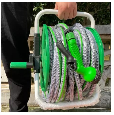ERSINIAN Tragbarer Gartenschlauchwagen, Edelstahl-Schlauchwagen mit Wasserpistole, Schlauchaufroller für Wasserleitungen im Freien zum Bewässern von Pflanzen (Farbe: Grün, Größe: 30 m)