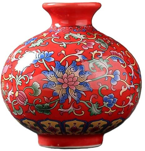 Kleine Keramikvase für Blumen, handgefertigt, elegant, rund, Granatapfelvase, Vintage, chinesische Malerei, Porzellan, dekorative Vasen für Büro, Heimdekoration, Rot