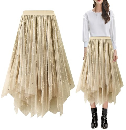 Baogaier Falda Lentejuelas Tul Mujer, Albaricoque Clásico Elegante Tutu Cintura Elástica Midifalda Irregular Capas Falda Plisado A-Line, Cumpleaños Party Carnaval Fiesta Bodas Disfraz