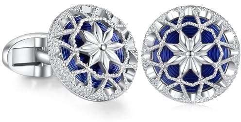HONEY BEAR Gemelos para hombres -Flor Hueca para Regalo de Boda de Negocios,Azul Real con Plata