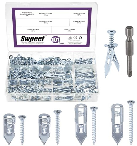 Swpeet Lot de 201 ancrages autoperceuses pour cloison sèche - 4 tailles - 4 tailles - Bleu et blanc - Avec vis et forets - Sans perçage ni trou dans le mur - Pour TV, vélo, décoration
