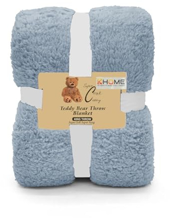 KD HOME Teddy Bear Double Throw Blanket, 200x240cm, Super Soft Fleece, Brown, Cosy and Cuddly (Baby Blue, Double)