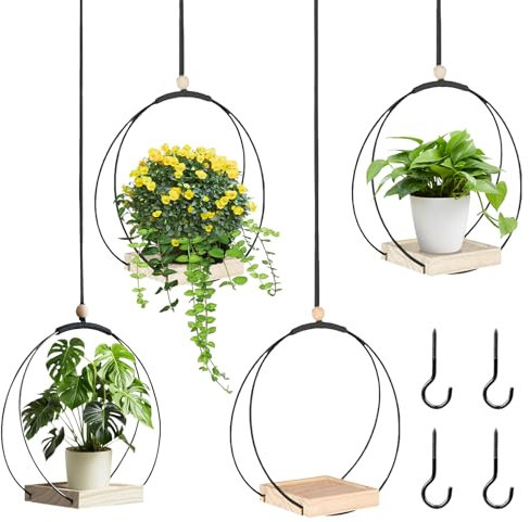 Blumentopf Hängend, 4 Stück Blumenampel mit Holzsockel und Metallring Blumenampel Hängend Innen mit 4 Aufhängehaken Hängetopf für Pflanzen Hängepflanze für Balkons Fensters Gartens Veranda und Büros