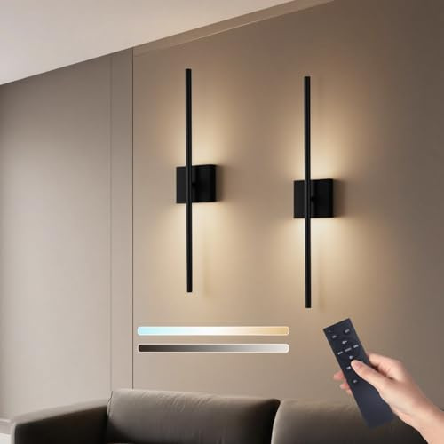 FitRepa Battery Operated Wall Lights Indoor - Dimmable Touch Wireless Wall Sconces Rechargeable Wall Light with Remote Control 70CM for Living Room Bedroom Hallway 2 Packs (Black)