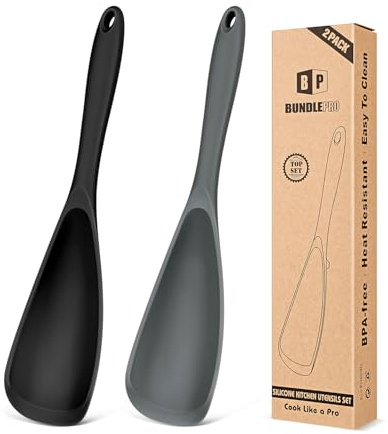 Packung mit 2 Kochlöffeln für nicht haftendes Kochgeschirr, Multifunktionsspätellöffel BPA-frei, volles Silikon-Design, geeignet für Scooping, Krabben, Servieren und Mischen (Schwarz-Grau)