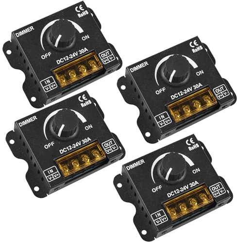 Lot de 4 variateurs LED DC 12 V 24 V pour bandes LED, 30 A 12 V, variateur PWM, bouton d'intensité pour régler la luminosité, régulateur de luminosité pour bande lumineuse