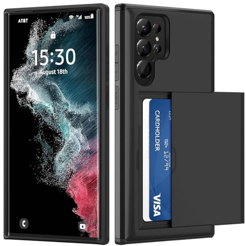 Hülle für Samsung Galaxy S22 Ultra mit Kartenfach Handyhülle für 2 Karten Militärschutz Schutzhülle Stoßfest Kratzfest Kartenfäch Cover Verschiebbarer Versteckter Steckplatz Case, Schwarz