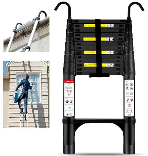 Wolec Telescoping Ladder,17.5FT Aluminum Portable Extension Ladder w/Hooks, Heavy Duty 330lbs Max Capacity, Collapsible Telescopic Ladder for Rv, Roof, Attic, Outdoor -Black