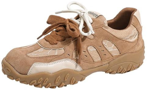 Eestfy Scarpe Sportive Donna Tacco a Cuneo Chunky Pelle e Camoscio Punta Tonda Color Block Scarpe Casual per Camminare ed Esercizio Leggero Suola Esterna in Gomma Traspirante,Apricot,35 EU