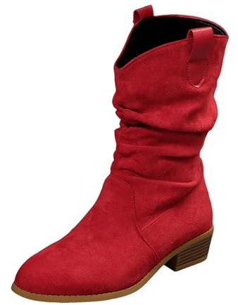 2026 Botines Mujer Botas de Mujer en Color Sólido, Sencillo Punta Puntiaguda, Ante Plisado, Tacón Grueso, Mangas, Botas hasta la pantorrilla, rojo, 40 EU