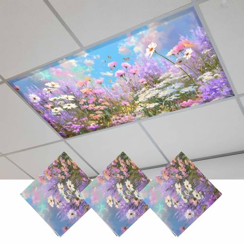 Fluorescent Light Covers, Wildflowers Magnetic Light Covers for Ceiling Lights, Spring Country Oil Painting Floral Plant Fluorescent Ceiling Shade Filters for Classroom Bedroom Office 4x2Ft x 3PCS