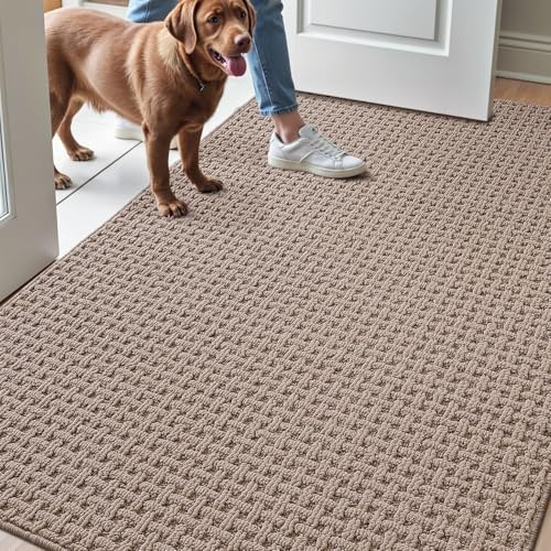 LUMI Waschbare Fußmatte Innen 80x120 cm, Saugfähige Schmutzfangmatte Beige | Schmutzfangend, Rutschfeste Gummiunterseite, Flaches Profil, Eingangsmatte, Stark frequentierte Bereiche