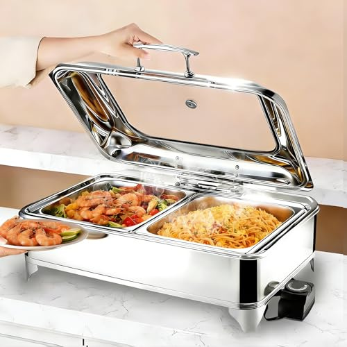 BOVDC 9L Chafing Dish Electrico para Buffet Temperatura Ajustable(1/2 Pan) | Calentador de Buffet Eléctrico de Acero Inoxidable, Calentador de Comida Electrico Buffet Profesional con Tapa Visible