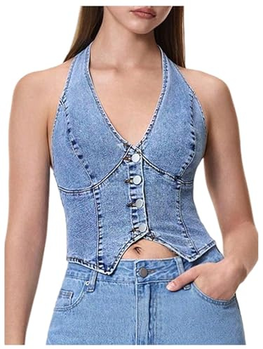 GORGLITTER Women's Denim Halter Neck Tops Tie Jeans Vest Crop Top Waistcoat | Western Cowgirl Outfits, Asymmetrical Hem, Button Front, Backless Top, Denim Top, Cowgirl Top for Festival
