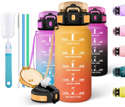 Motswedi Borraccia 500 ml, Bottiglia d'acqua Sportiva, a Prova di Perdite, Comprende 6 Paglie e 1 Spazzola di Spugna, Borraccia Palestra, Bottiglia Acqua, per Scuola, Yoga, Giallo ambrato & Arancione