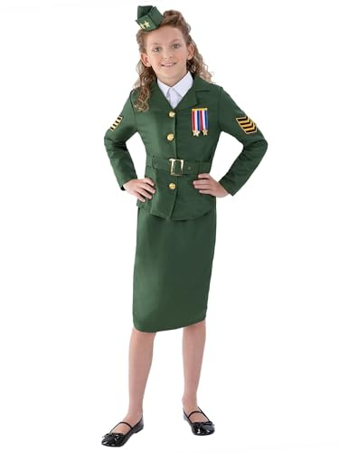 Smiffys Costume armée 2ème guerre mondiale fille, vert khaki, avec veste, jupe, ceinture intégrée et casquette Halloween