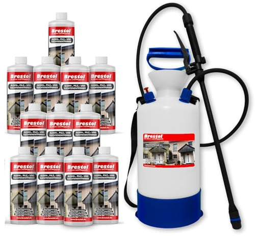 BRESTOL® Algenentferner Pilzentferner Flechtenentferner 12x 1000 ml Konzentrat + 7 Liter Drucksprüher säurebeständig - Grünbelagsentferner Grünbelagentferner