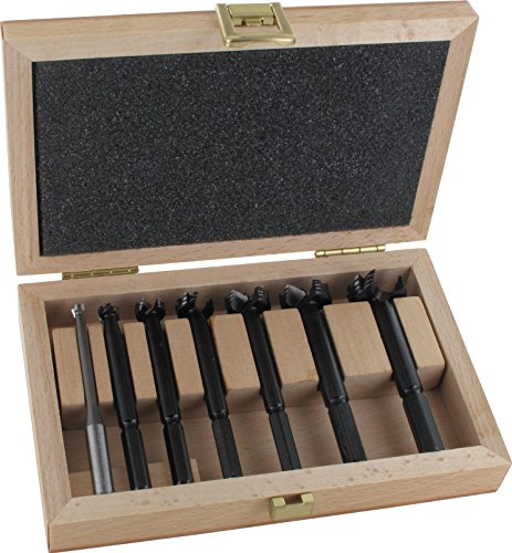 Famag Bormax 7 Piece Set Forstner Bits Imperial Sizes 1/4, 3/8, 1/2, 5/8, 3/4, 7/8, and 1, Outside Rim Saw Teeth, Hex Shank, Cooling Fins, Twisted Center Point, German Alloy Steel