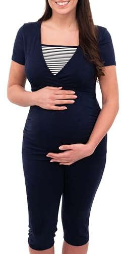 Herzmutter ammande pyjamas - moderskapspyjamas - korta korta ärmar - randiga pyjamas för graviditet - puerperium pyjamaset - nattkläder för amning - 2600 (M, Blå/Vit)