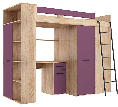 BIM Furniture, VERANA P - Letto a castello, letto a soppalco, 190x90 cm, con scale, armadio, mensola, scrivania, per bambini, lato destro (rovere Sonoma/viola)