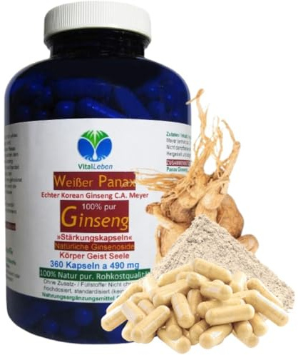 KOREA weißer PANAX GINSENG C.A. Meyer 360 Pulver Kapseln OHNE ZUSATZSTOFFE 100 % Natur pur ca. 20 % Ginsenoside. Traditionell geschätzt für Vitalität, Fokus & Ausdauer. 26775-360