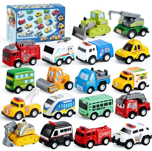 JOYIN 18 Stück Zurückziehen Stadtautos und Lastwagen Spielzeugfahrzeug-Set, Modellauto, reibungsbetriebene Druckgussautos für das Lernspiel von Kleinkindern, Jungen und Mädchen