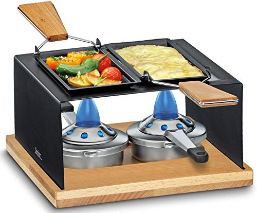Spring Käse-Raclette GOURMET PARTY 2er, Rechaud, Buchenholz-Bodenplatte | Pastenbrenner, gleichmäßige Hitzeverteilung, für Fonduetöpfe bis 17 cm Bodendurchmesser, stabile Stellfläche