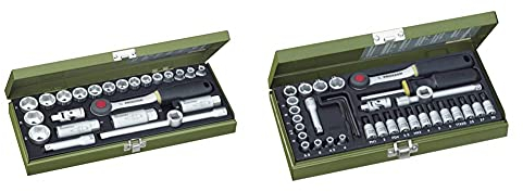 PROXXON Steckschlüsselsatz, Kompaktsatz mit 3/8-Umschaltratsche, 24-teiliges Werkzeug-Set mit Stahlkasten & Steckschlüsselsatz, Feinmechaniker-Satz mit 1/4-Umschaltratsche sowie Schraubendrehergriff