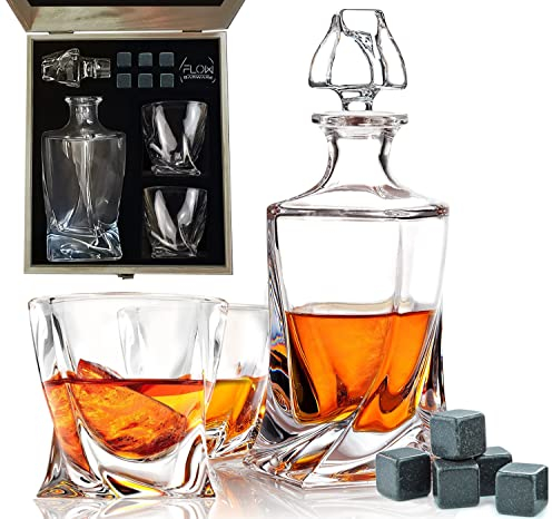 FLOW Barware Whiskey Decanter and Glass Set | Twist Design Decanter, 2 Tumblers, 6 Granite Stones | Whiskey Gift Sets for Men | Rum, Scotch, Brandy, Spirits Holder