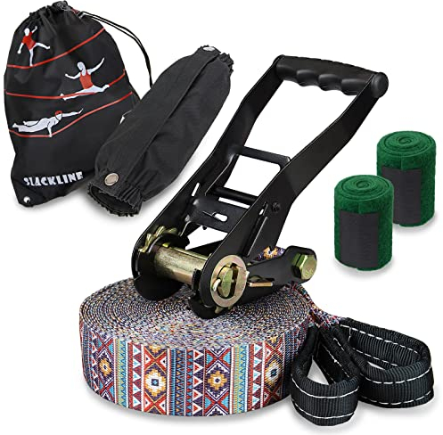 ALPIDEX Slackline Set 15 m + Baumschutz und Ratschenschutz, geeignet für Kinder, Anfänger und Fortgeschrittene 7 Jahre Garantie auf Material*