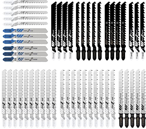 Stichsägeblätter T-Schaft Stichsägeblatt Set aus HSS/HCS Professional für Holz Kunststoff und Metall mit Kunststoff-Box 52 Stück