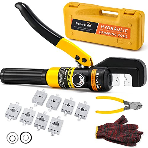 Bonvoisin Hydraulische Crimpzange Presszange 4-70m㎡ für Kupfer/Aluminium | 9 Austauschbare Matrizen 4–70mm², Für Kupfer- & Aluminiumklemmen, Drehbarer Kopf, Automatische Druckentlastung