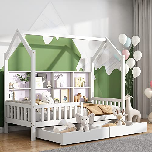Lettino per bambini a forma di casetta con camino, 90 x 200 cm, letto in legno di pino (bianco +2 cassetti +scaffalatura)