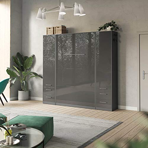 SMARTBett Wohnwand Set mit Schrankbett Standard 140x200 Vertikal + 2 x 50-Schränke Anthrazit/Anthrazit Hochglanz