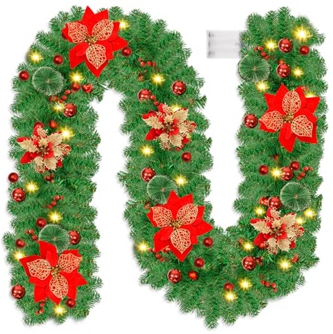 Ghirlanda Natalizia con Luci - 2.7M 30Led Ghirlanda Natalizia Artificiali,Ghirlanda Natalizia con Bacche,Ghirlanda di Abete Decorazione Ghirlanda di Natale Decorazione per Porta Scale esterno (A)