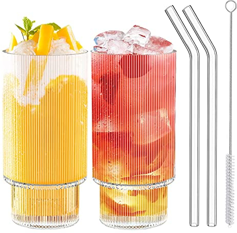 Ribbed Glasses, 2 Pcs 14.8oz Glasses Drinking Cups with 2 Pcs Glass Straws Iced Coffee Cups Glassware Reusable Clear Glassware Glass Tumbler for Coocktail, Whiskey, Beer, Water, Juice