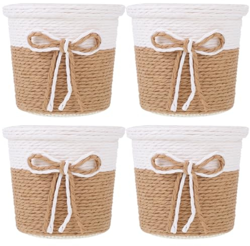YARNOW 4 Pièces Panier De Fleurs Panier De Pot De Plante Mini Panier De Rangement Tissé Pots De Fleurs En Osier Cache-pot En Rotin Pots Succulents Rural Corde De Papier Boîte De Rangement