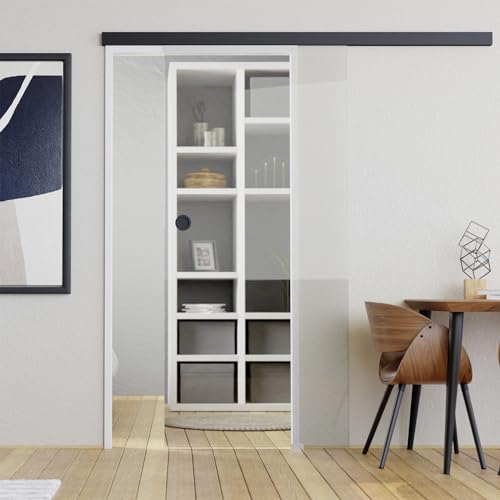 Softclose Glasschiebetür Komplettset mit Tür Klarglas Beschlag Schwarz matt 935 x 2058 mm - Schiebetür Komplettset transparent für Zimmer Küche Badezimmer