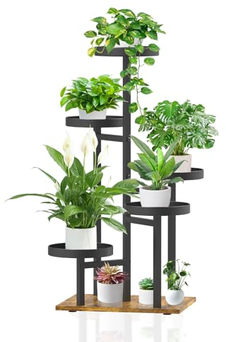 iDavosic.ly 5 Tier Plant Stand Indoor, Tiered Corner Tall Outdoor Plant Shelf for Multiple Plants, Metal Wood Flower Stand Display Rack Holder for Patio Garden Porch Window Living Room, Black