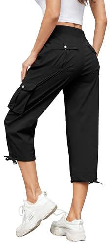 Hormtaer Hose Damen 3/4 Sommer Casual Cargohose Caprihose Jogginghose Comfy Stretch Leichte Outdoor Sport Reise Wanderhose Mit 6 Taschen (Schwarz, L)