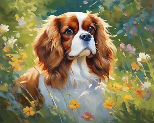 ZMHZMY Malen-nach-Zahlen-Set für Erwachsene,Weihnachten,Cavalier King Charles Spaniel und Blumen,Personalisiertes digitales Ölgemälde,Geschenke für die Weihnachtsfeiertage,40x50cm