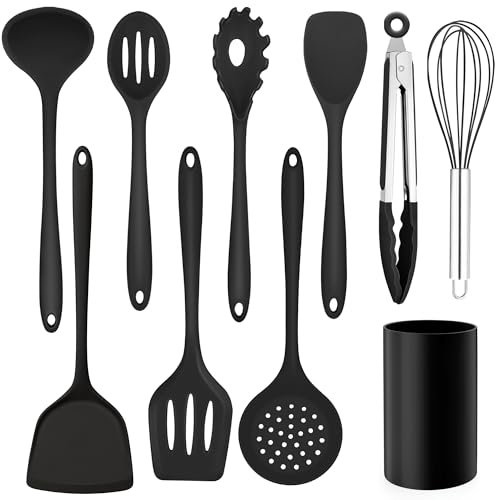 Homikit Küchenhelfer Set, 10 Stück Silikon Küchenutensilien Kochutensilien Set mit Utensilienhalter, Antihaft Hitzebeständiger Kochbesteck für Kochen Backen, Gesund & Spülmaschinenfest, Schwarz